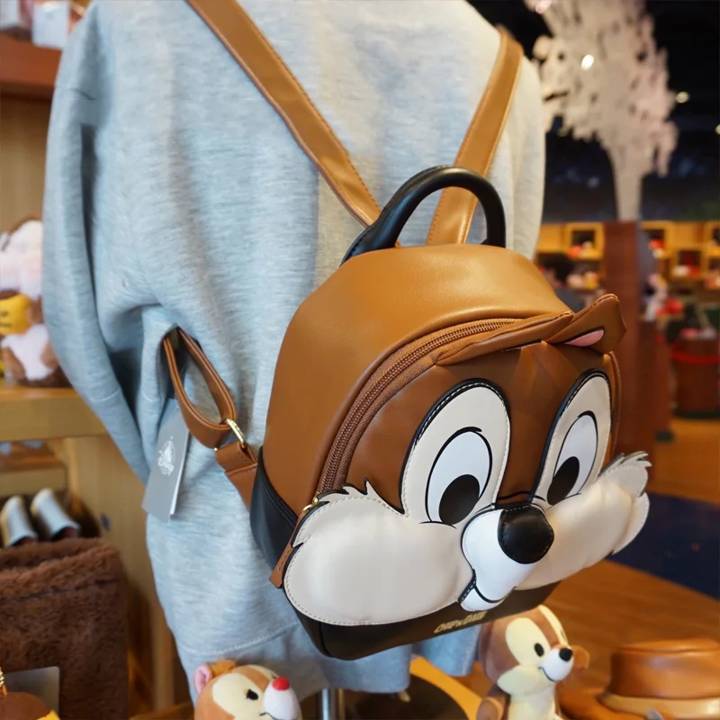 Disney Backpack Shanghai Disneyland Chip Squirrel Brown PU Leather Fashion Casual Adult/Child Backpack Cartoon Girls Schoolbag