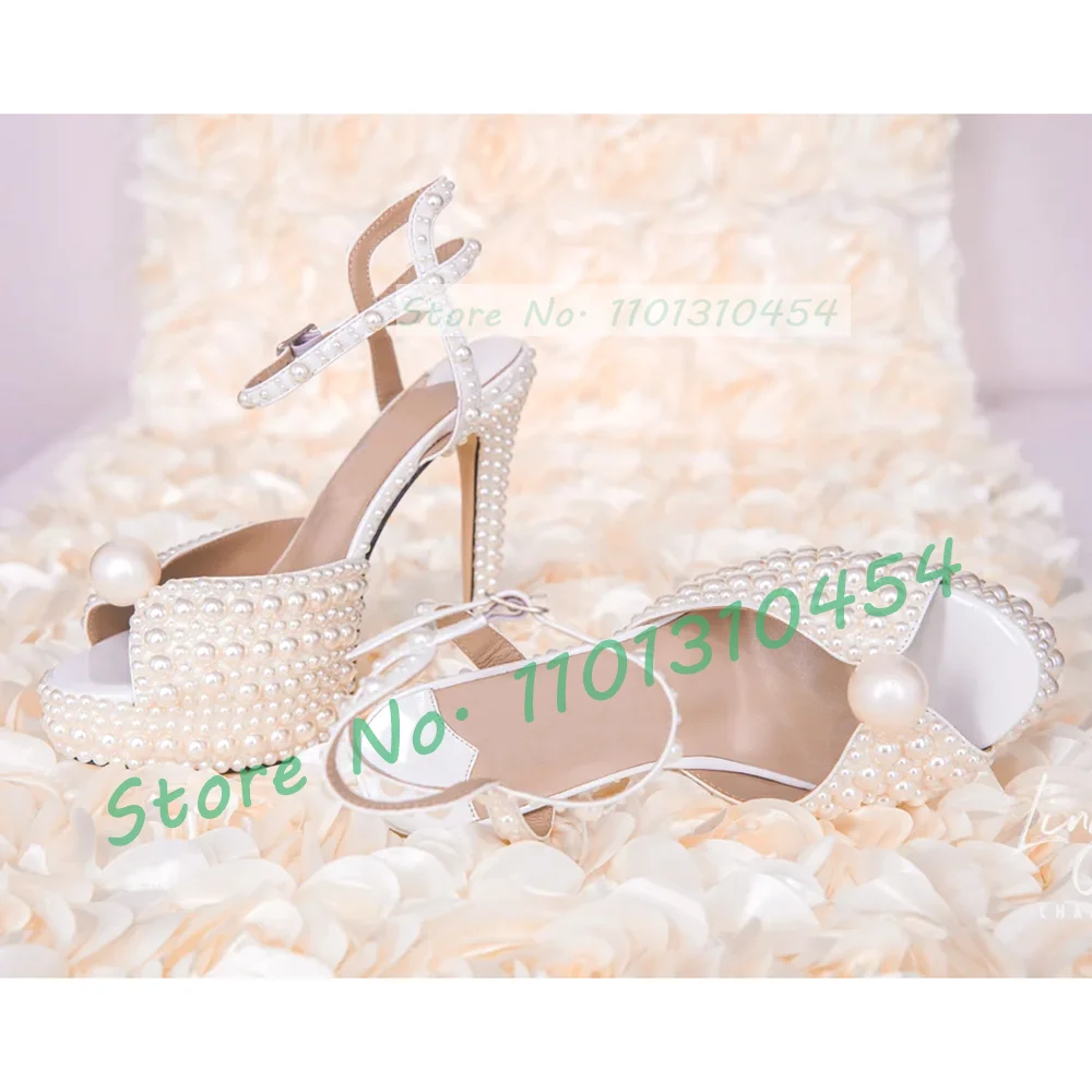 White Pearl Platform Thin High Heels Sandals Women Bride Classy Wedding Peep Toe Sandals Party Ankle Strap Luxury Shiny Shoes