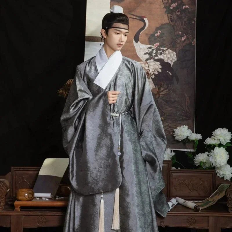 Chinese Traditional Costume Set Chinese Ming Dynas Ming Hanfu Lotus Jacquard Dark Pattern Yarn Wide Sleeve Daoist Robe Men Hanfu