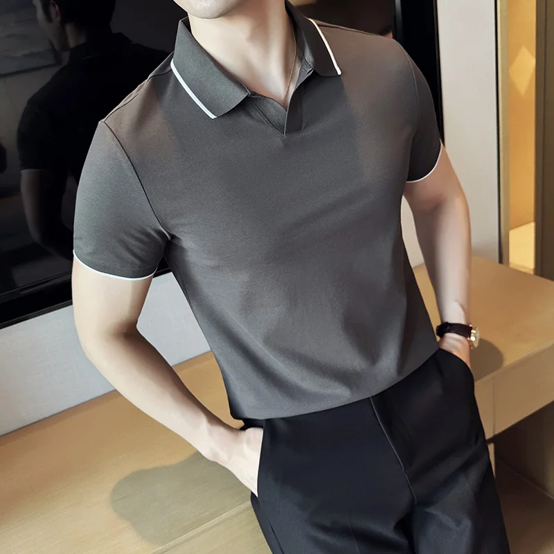 Business Casual Solid Color Men\'s Polo Shirt, 2024 Summer Classic, Men Short Sleeve V-neck T-shirt, Slim Fit Spliced Polo 4XL-M