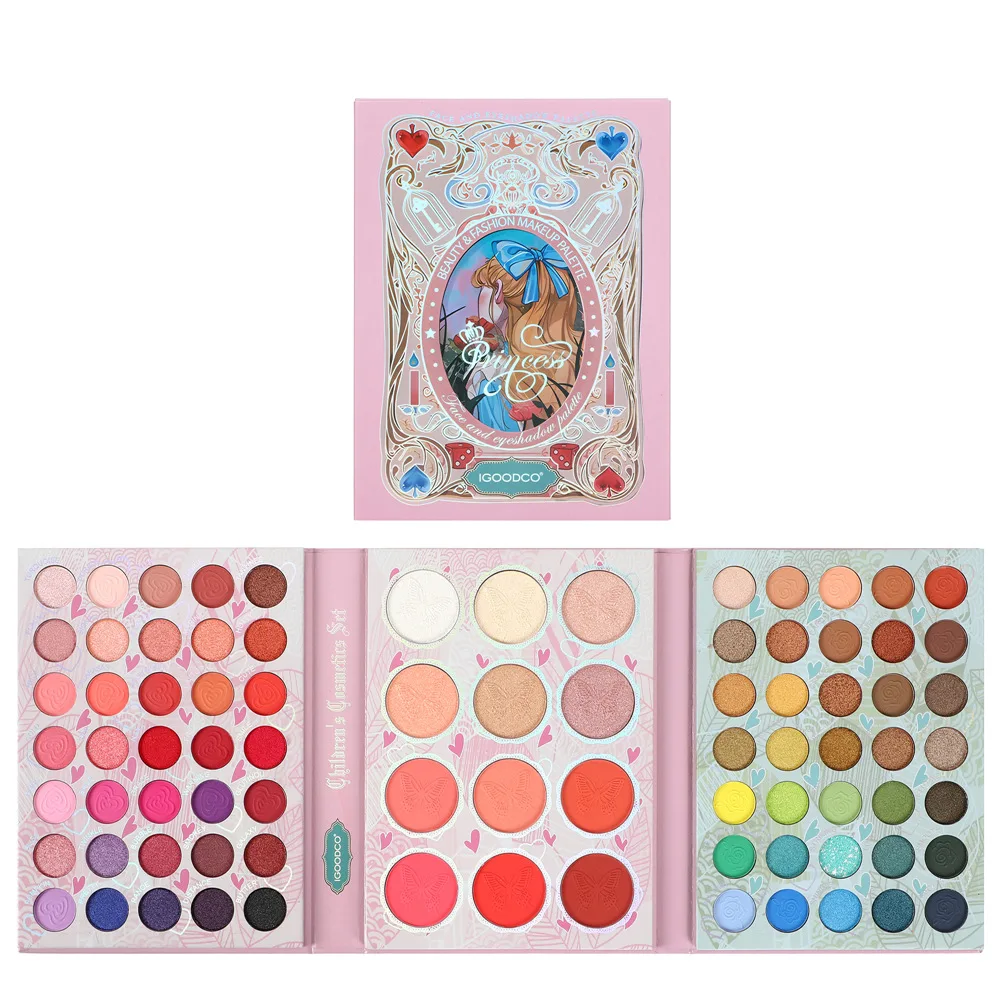 82 colori 3 pagine Cartoon Princess Matte Eyeshadow Palette Book Glitter Highlight Blush Pigment trucco professionale per il viso