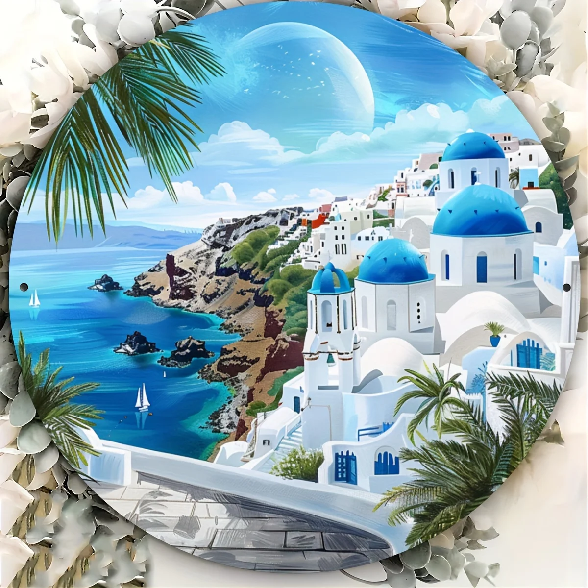 2D Flat - A Flat Aluminum Foil Art Plate, Measuring 20.32 by 20.32 Cm, Features a Two-Dimensional Depiction of The Santorini Lan