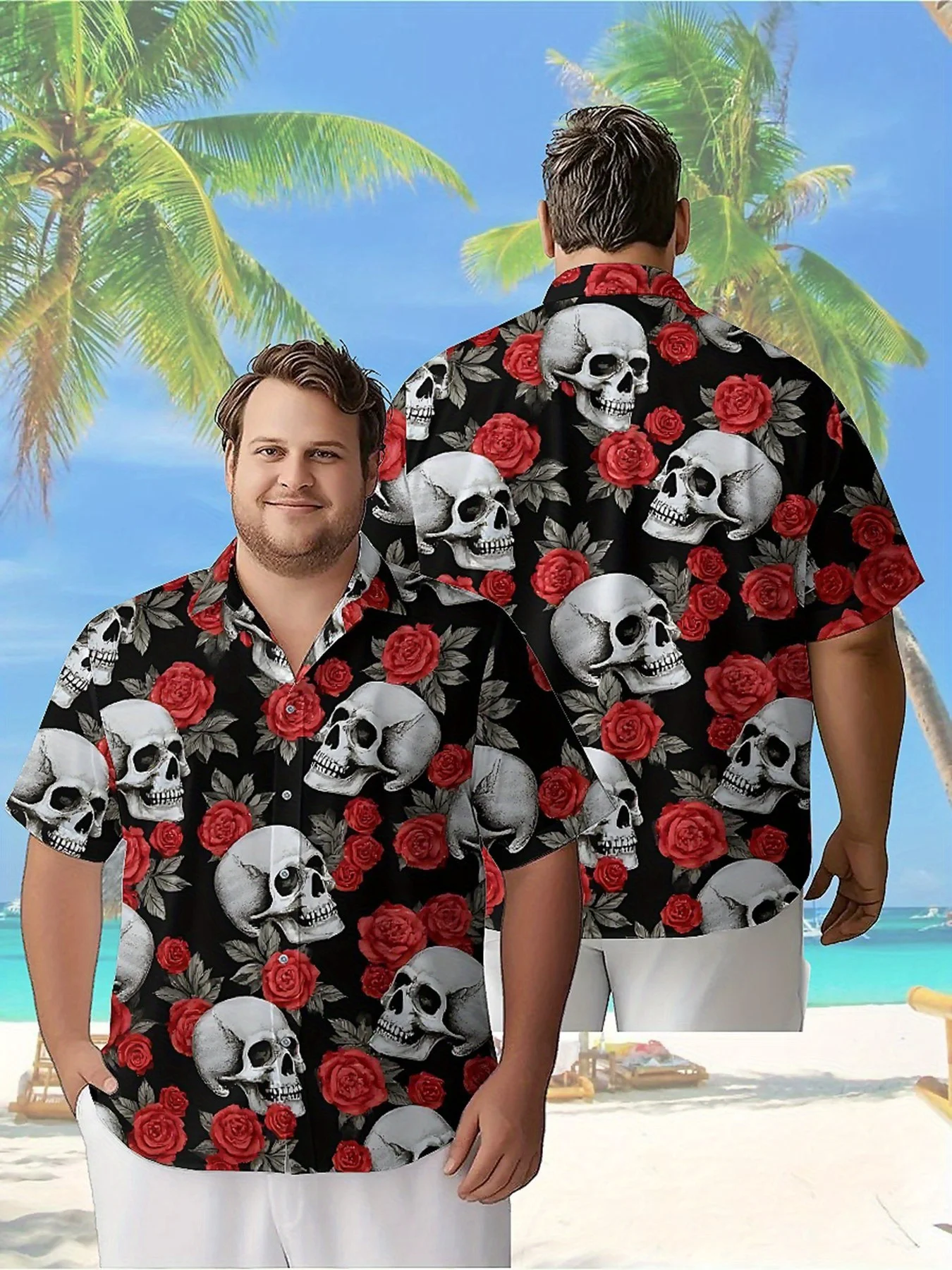 Men's Plus Size Hawaiian Shirts Skull Roses Pattern, Summer Casual Tops, Outdoor and Party, Streetwear