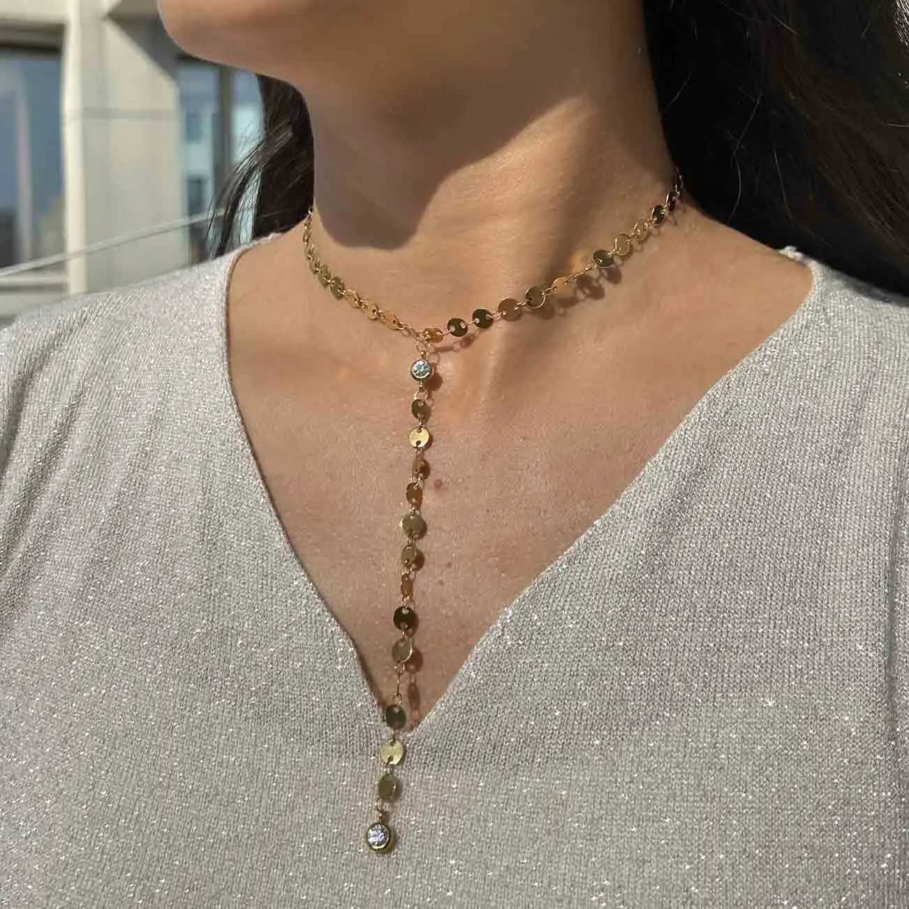 Stainless Steel Sexy Multilayer Sequins Chain Tassel Crystal Pendant Necklace For Woman Y Shape Disc Choker Necklace