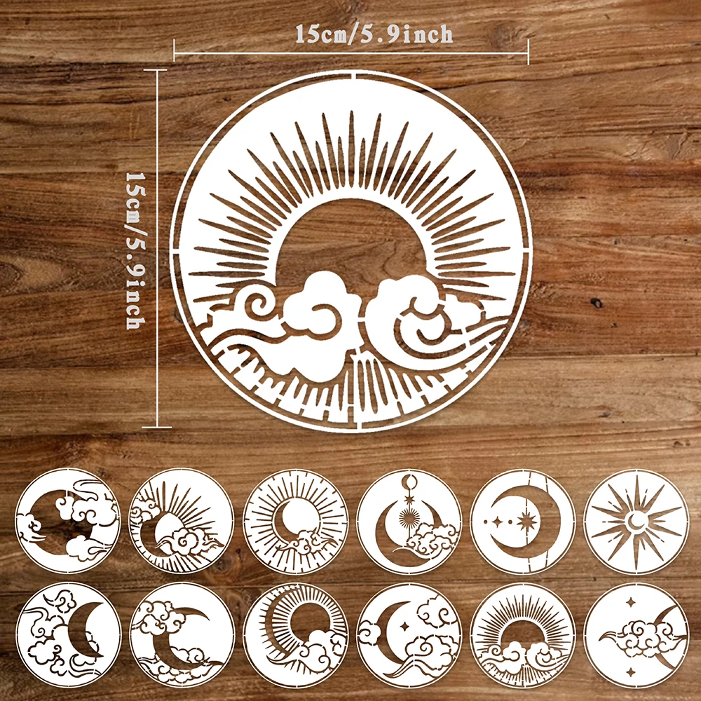 12 pcs Moon Sun Clouds Stars Paint Stencils Sun Stencils Reusable Painting Stencils DIY Painting on Wooden Wall Furniture