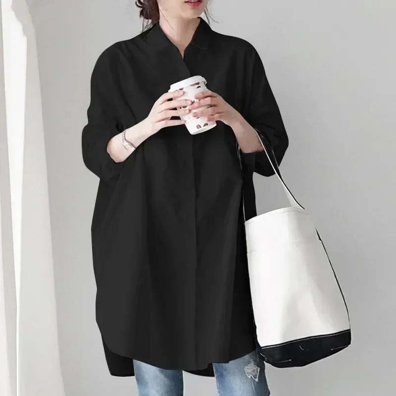 2024 New Autumn Spring Long Sleeve Shirt Casual Loose Long Shirt Women Tops Fashion Cotton Irregular Solid White Clothes 24161