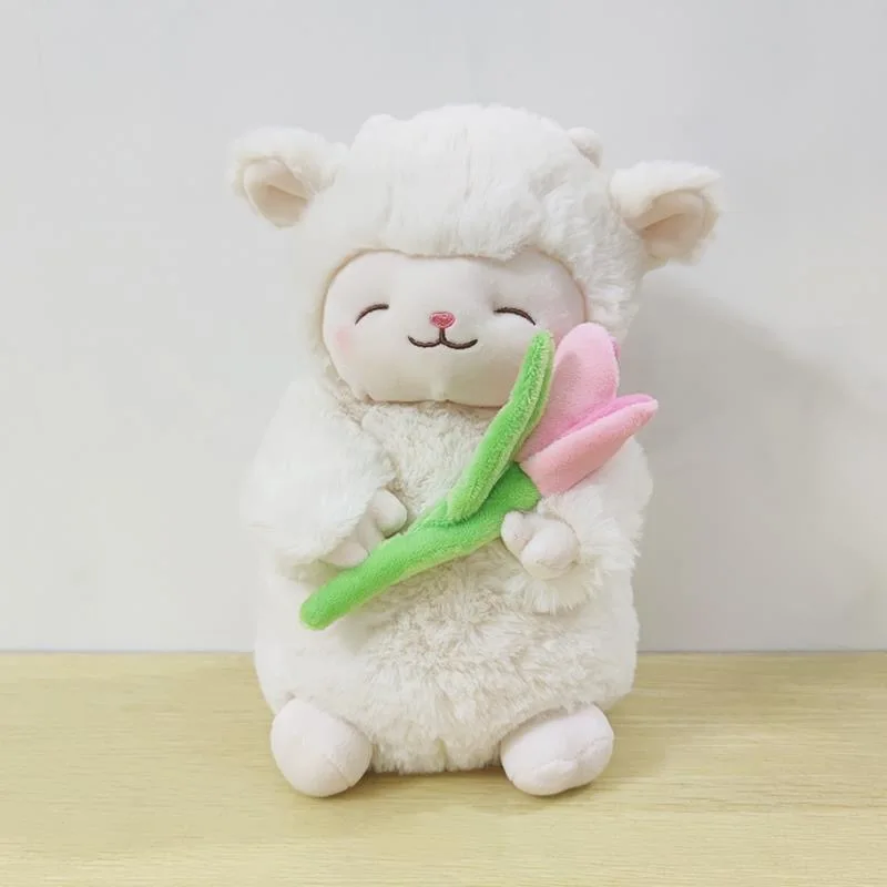 Kawaii Sweet White Sheep Lam Hold Tulip Flower Plush Doll Soft Stuffed Lamb With Tulip Plushie Toy Cute Gift For Kid Birthday