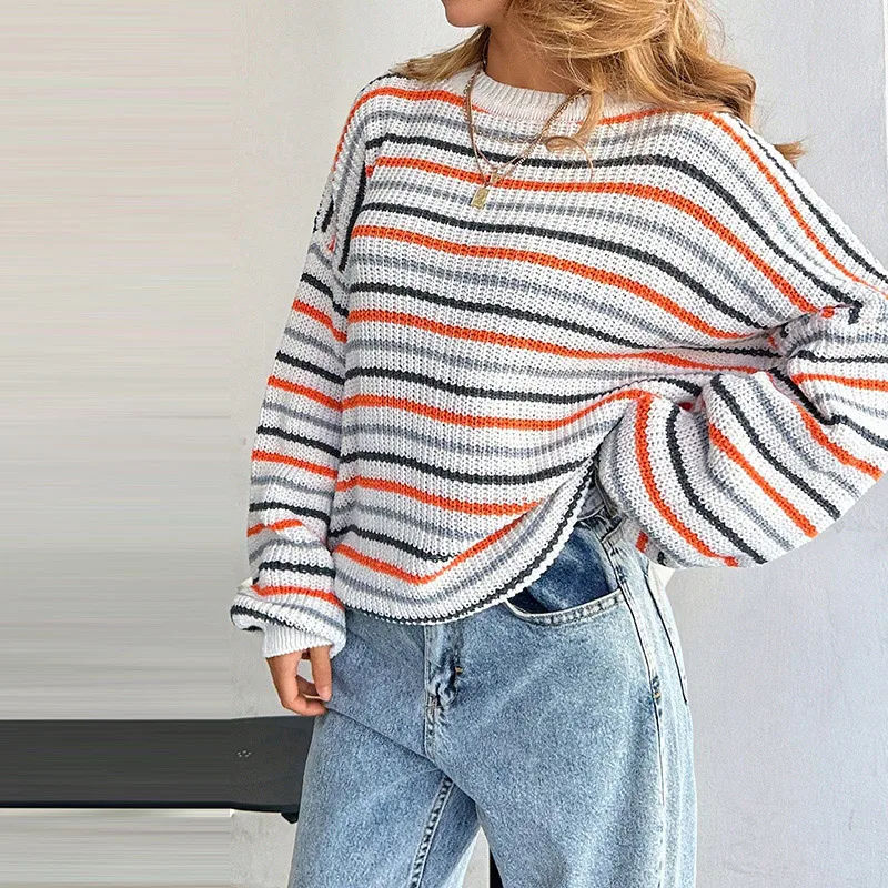 Regenbogenfarbener Gerippter Strickpullover für Damen Lässiger O-Ausschnitt Langarm Paneeliert Locker Sitzende Strickware Schicke Damen-Oberbekleidung Neu – Detail 8