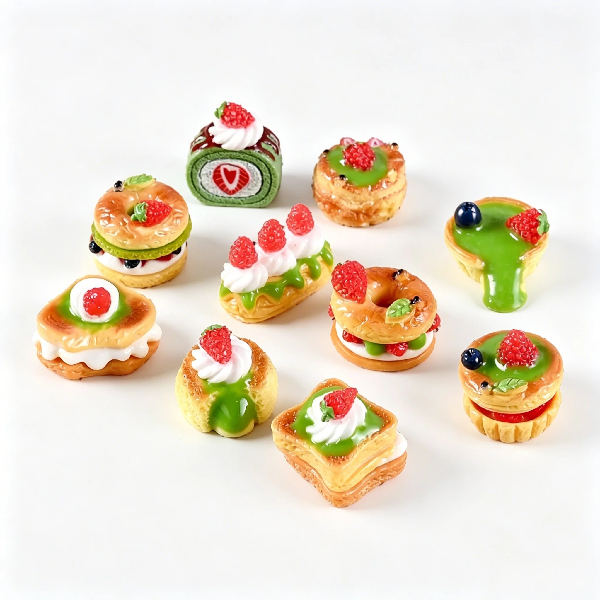 10 Stück Miniatur-Puppenhaus-Simulationsdesserts: Matcha-Marmelade, Erdbeer-Sahne-Kuchen – Spielküchen-Lebensmittel für Puppenzubehör