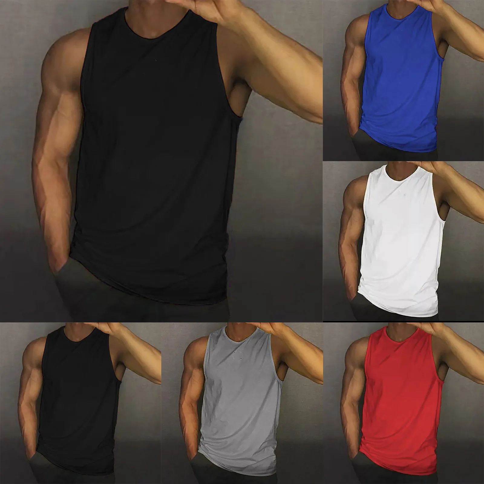 Men\'S Summer Solid Color Vest Classic Crewneck Sleeveless Tank Tops Gym Fitness Training Vest Casual Retro Comfort Sportswear