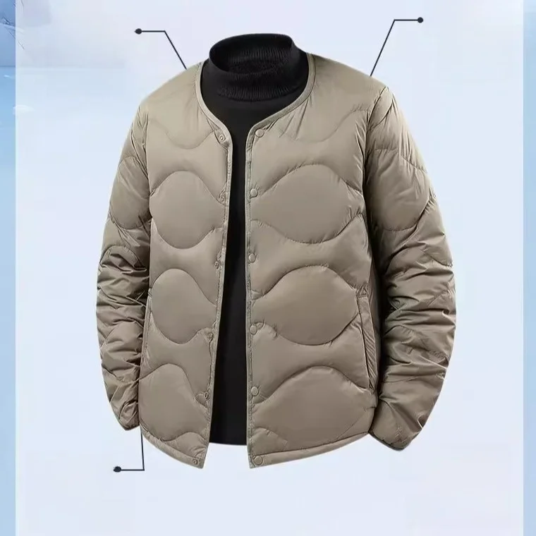 

High-End Men's down Jaet Lightweight Du down round Ne Thin Warm Coat Casual Sle ort Length Button Closure