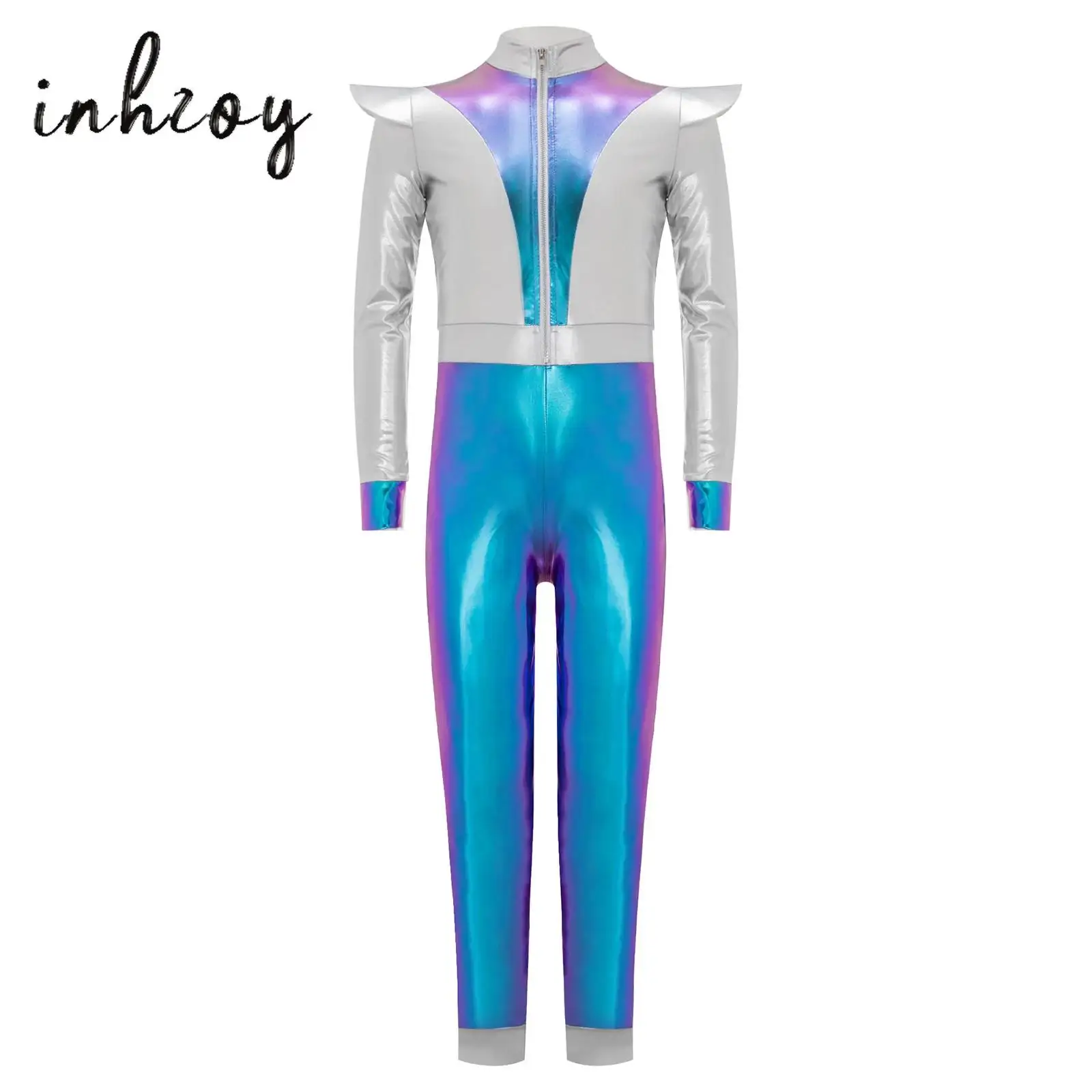 

Girls Alien Rompers Halloween Cosplay Costume Shiny Metallic Long Sleeves Zip Jumpsuit Outer Space Cutie Costume Robot Costume