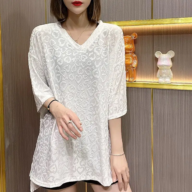 Casual Plus Size Loose T Shirts Summer New Thin Short Sleeve V Neck Solid All-match Tops Tees Fashion Vintage Women Clothing
