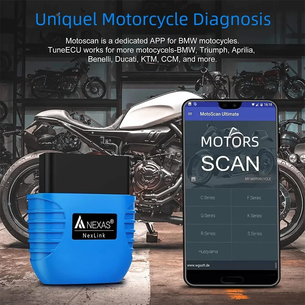 NEXAS Motorcycles Diagnostic Scan Tool Bluetooth 5.0 OBD2 EOBD Diagnostic Scanner for iOS Android Windows Fault Code Reader