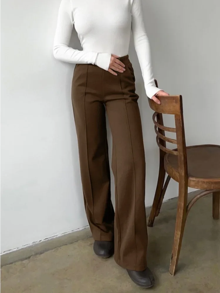 HOUHZOU Women's Winter Pants Thick Warm Loose Classic Long Wide Leg Trousers Thermal Brown Beige Wool Long Pants for Women 2024