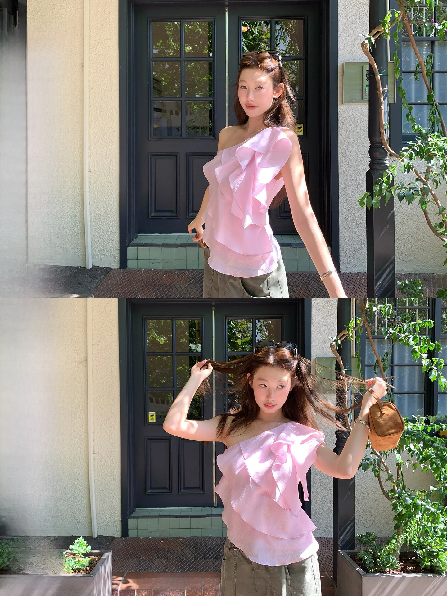 

Ranwear Soft Light Chiffon 57 Linen Multi-Layered Hem Single oulder Strap ort Top Women's Commute Sle Breathable Skin-F...