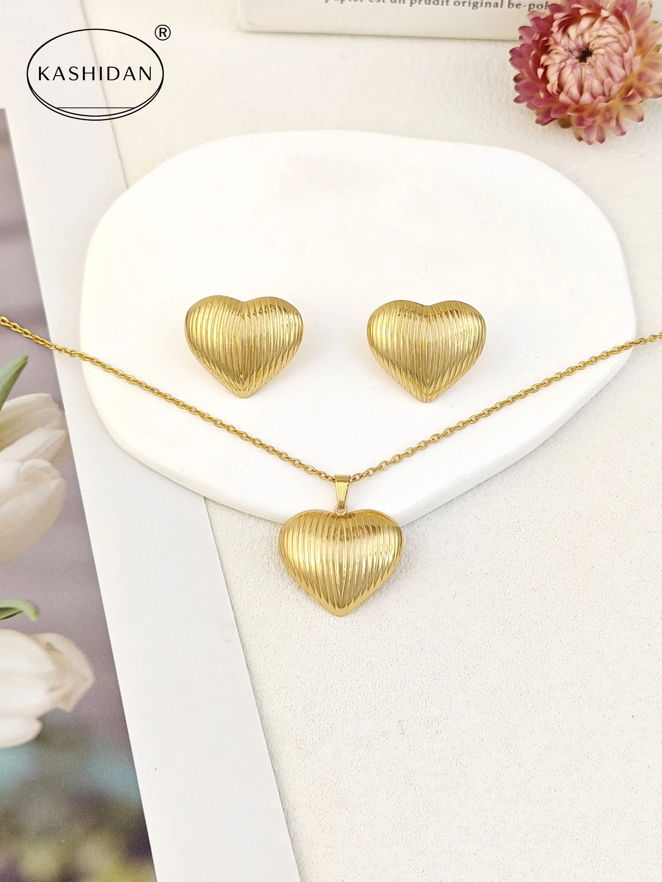 Fashion Stainless Steel Jewelry Set for Women Gold Color Chunky Textured Fluted Heart Necklace Set