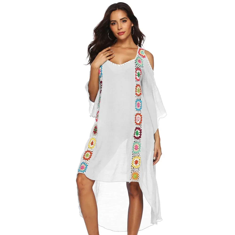 Robe tunique de plage longue en mousseline de soie pour femme, cover-up pour les maillots de bain, kaftan, tenue de plage