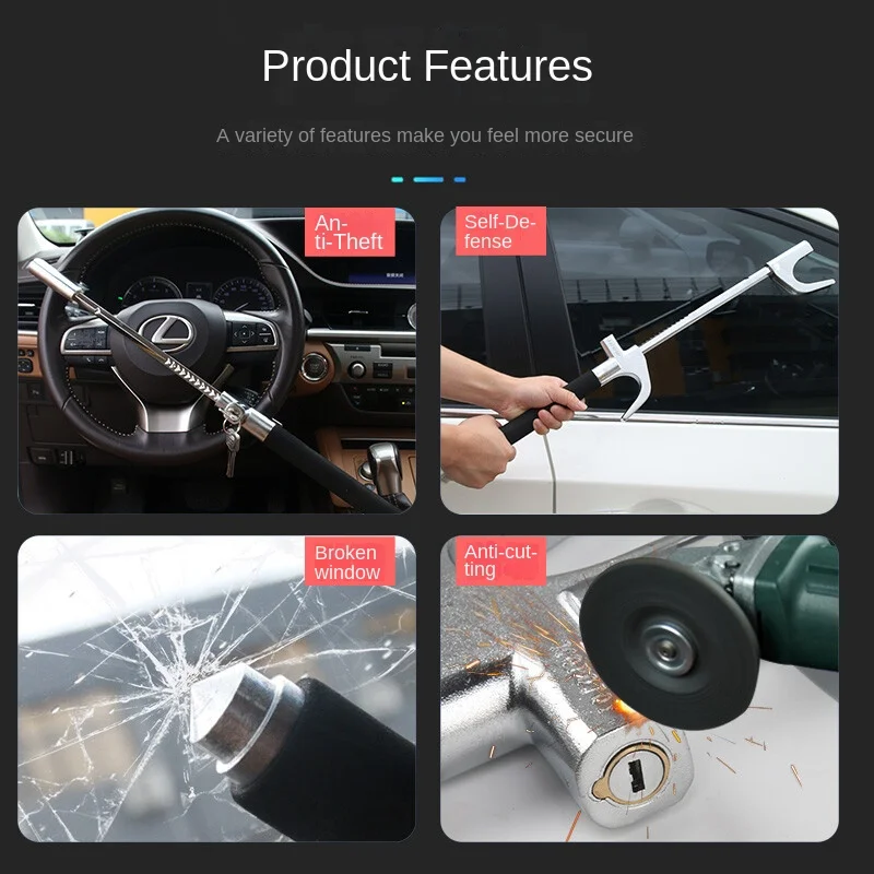 Car Steering Wheel Lock Anti-Theft Car Device Universal Fit Adjustable Length Clamp Double Hook Retractable Steering Lock With