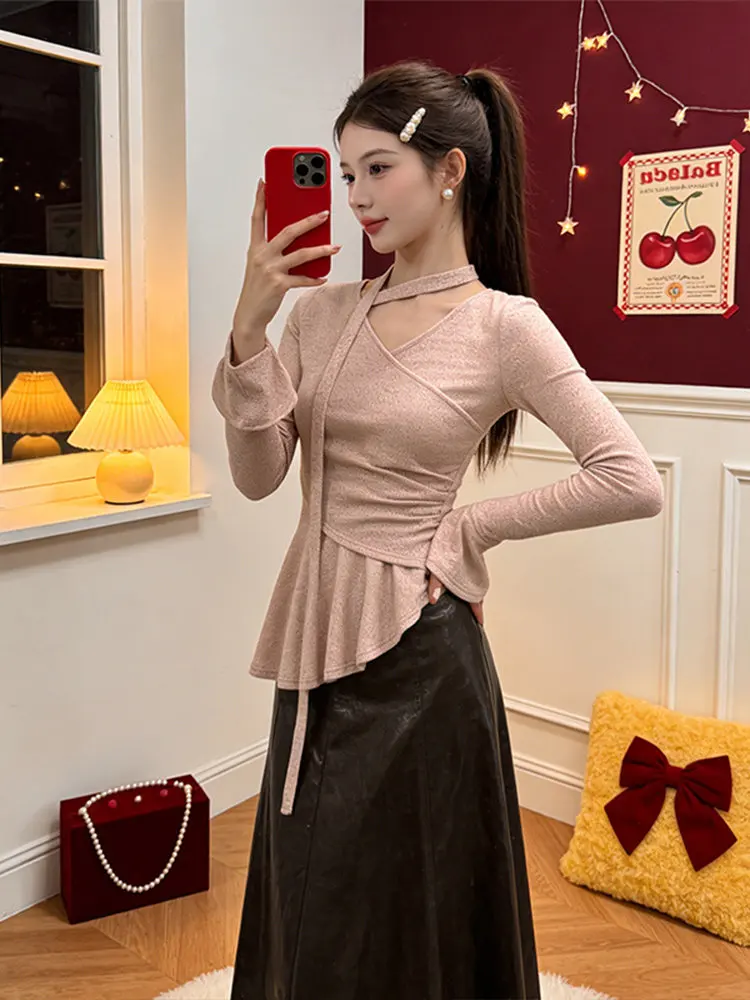 

Женский повседневный вязаный топ с V-образным вырезом, перекрестными бретелями и асимметричным подолом, весна-осень, стройнящий, скрывающий недостатки фигуры