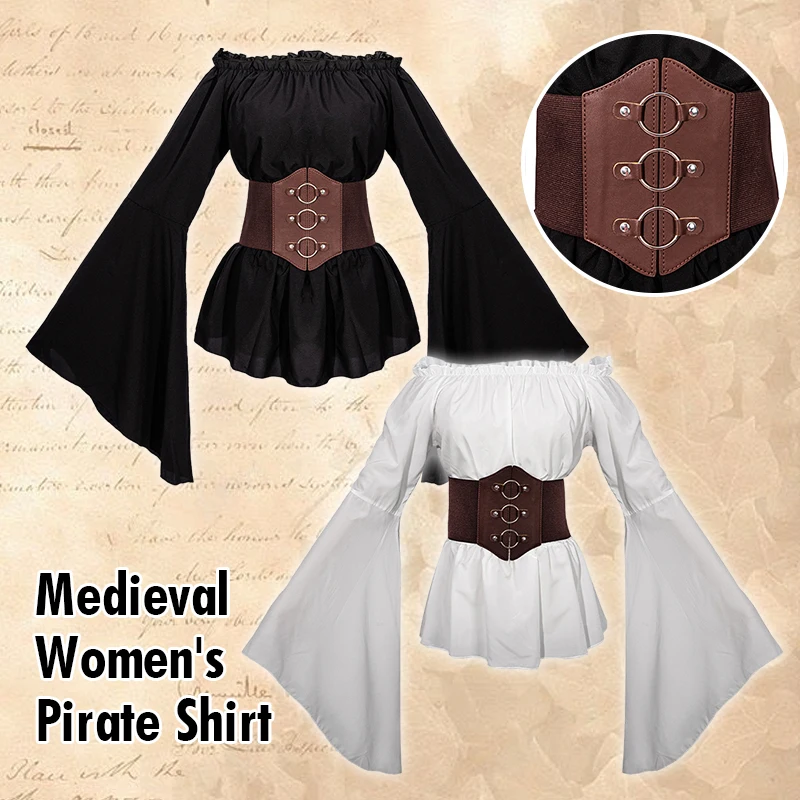 Medieval Renaissance Blouse Women Victorian Off Shoulder Shirts With Waist Belt Punk Pirate Cosplay Costume Vintage Corset Tops