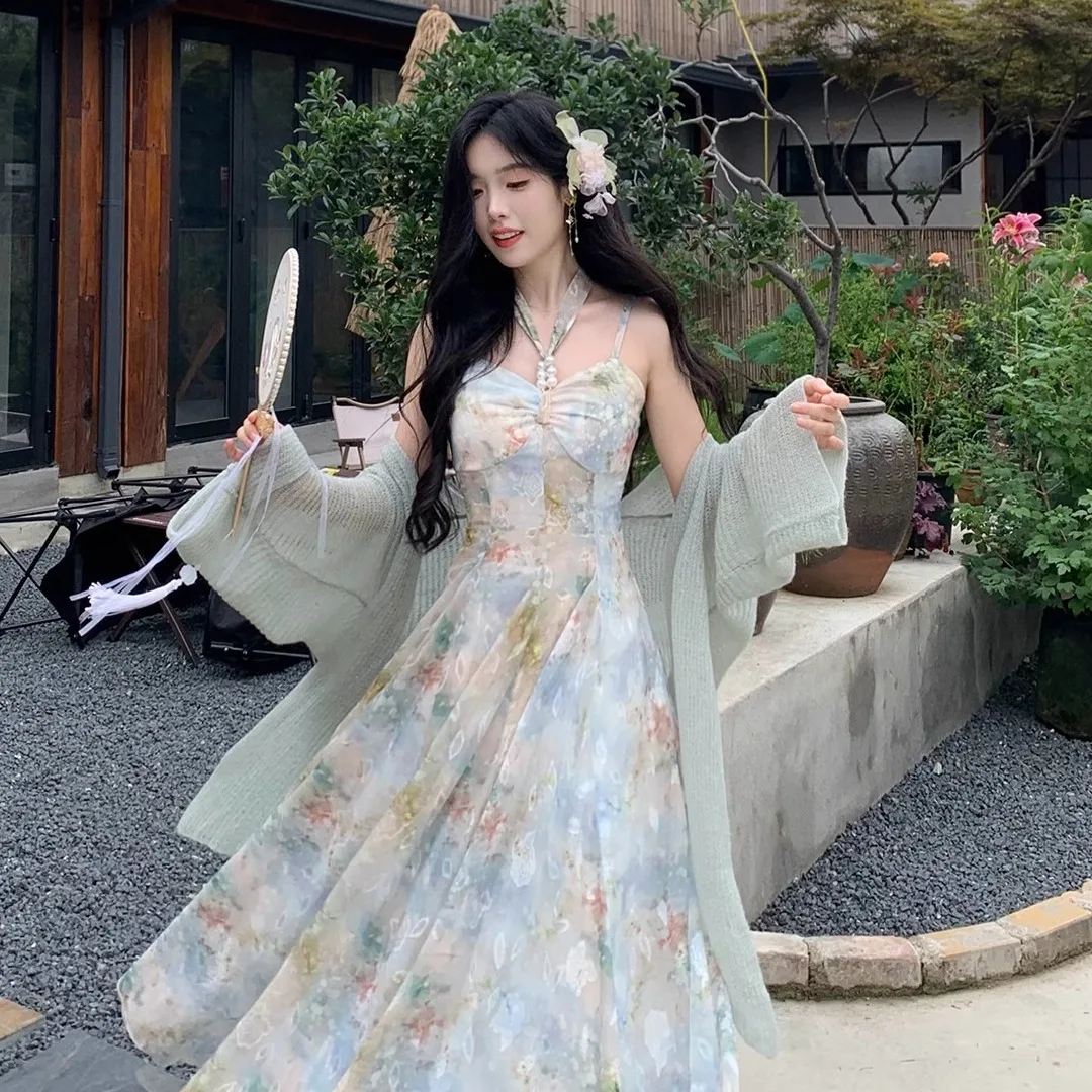 

Coigarsam Women's Fashion Dresses New Office Lady Vintage Print Spaghetti Strap Wave Blue Dress