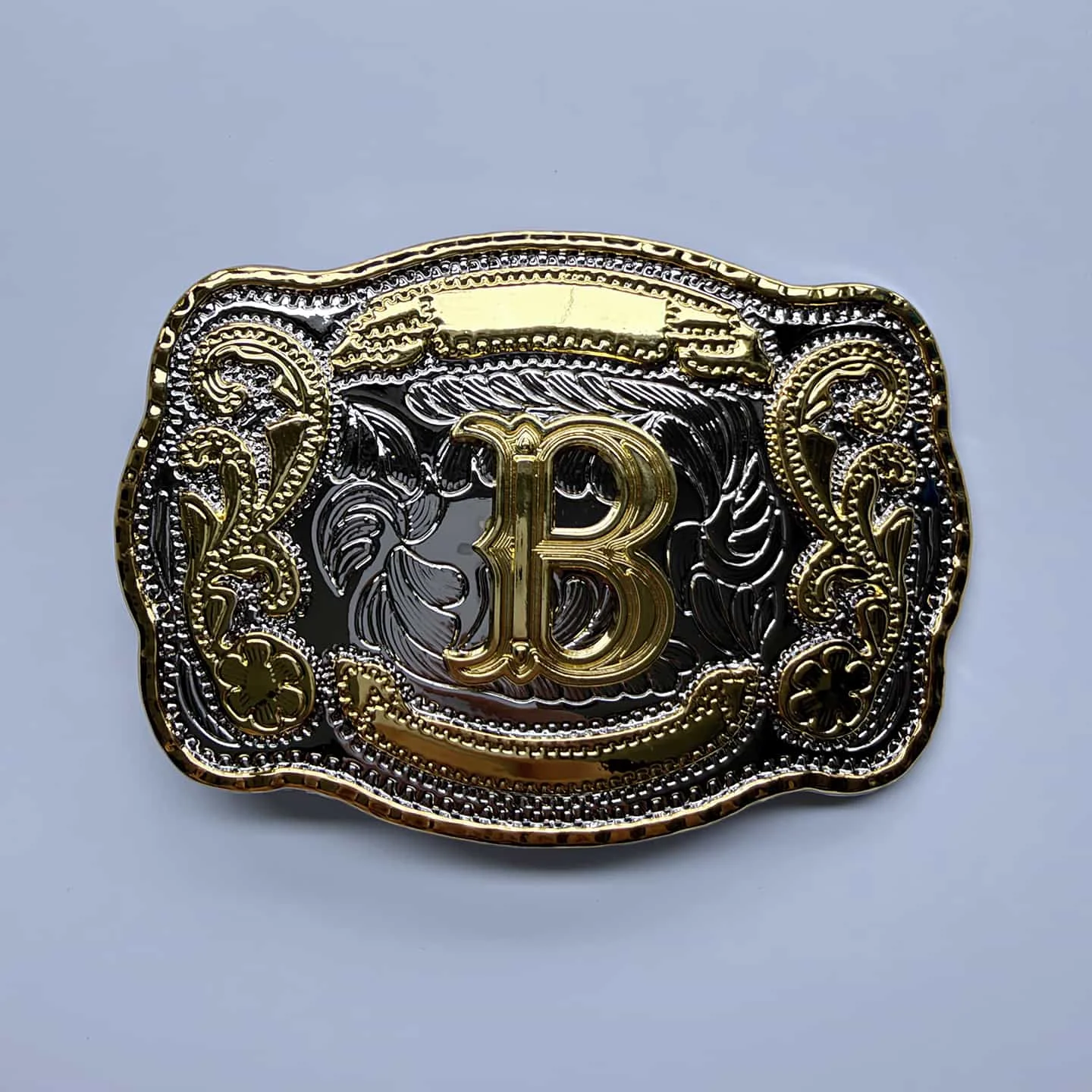 Bright Silver With Gold Initial Letter A-Z Cowboy Cowgirl Rectangle Belt Buckle Hebilla BUCKLE-LE020