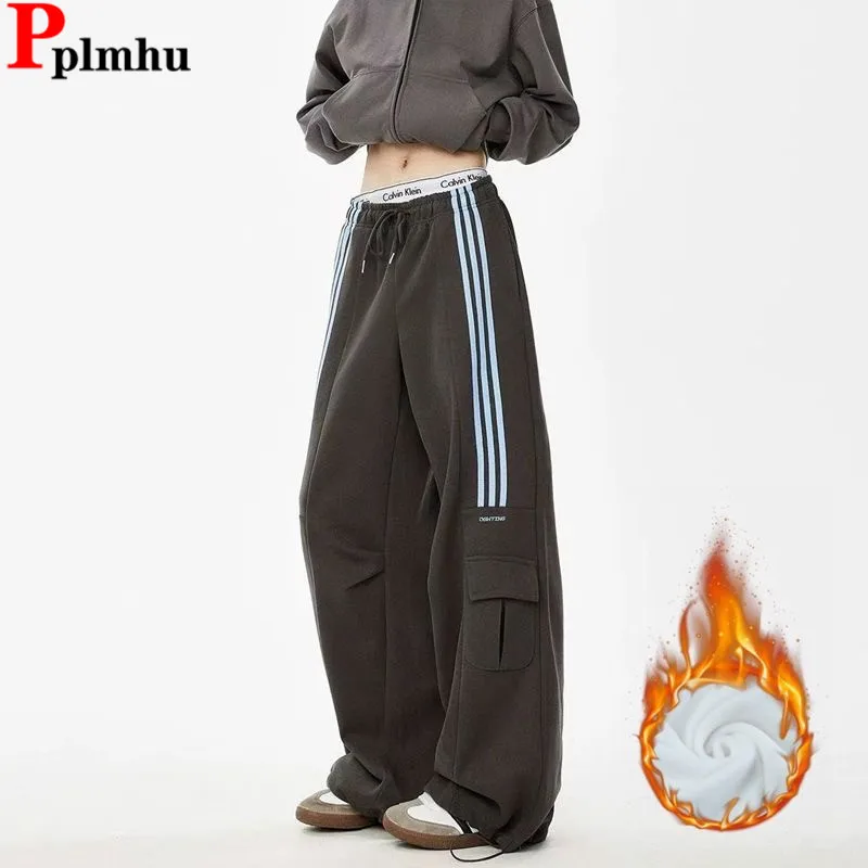 Velvet Lined Korea Baggy Sweatpants Winter Lace-up High Waist Pants Casual Warm Pantalones Thicken Side Striped Women Spodnie