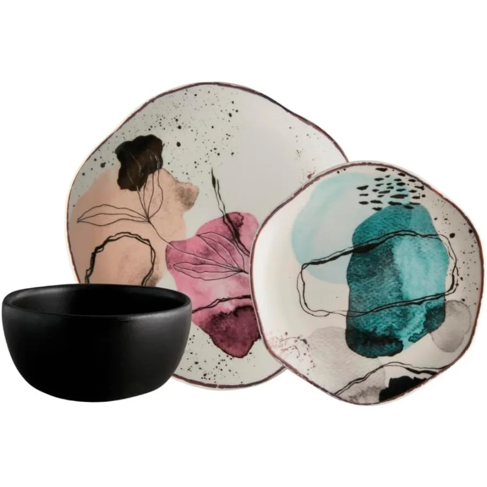 

Euritmia 12-Piece Irregular Watercolor Ceramic Dinnerware Set for 4 with Plates and Bowls