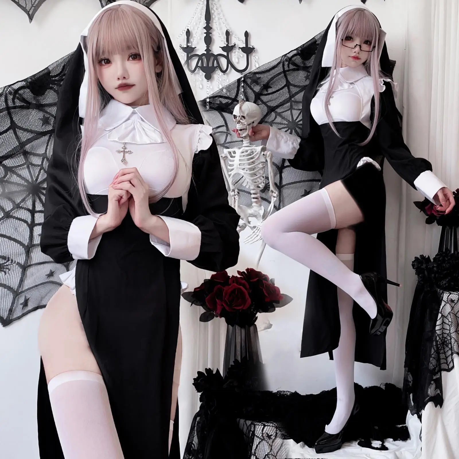 

Sexy Nun Costume Halloween Death God Tight Maid Large Size Long Robe Women's Fashion Stage Costume Tight Fit Outfit