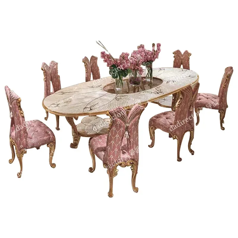 

Luxury Dining Tables and Chairs Set Solid Wood Carved Oval Dining Table