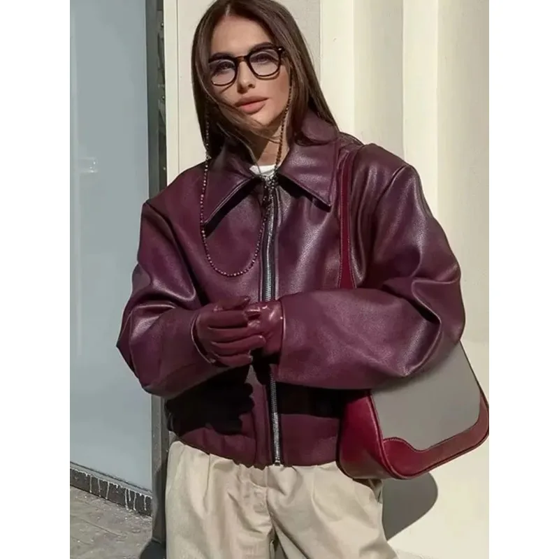 الخريف الشتاء الشارع الشهير السيدات بلايز النساء 2025 النبيذ الأحمر فو الجلود سترة موضة ملابس خارجية رشاقته سستة التلبيب بولي Coats معاطف #3