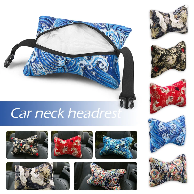 

1pc Japanese Style Car Neck Pillow Both Side Print Cotton Headrest w/Anti-mite Lining Car Pillow Universal for Head Relax Relief