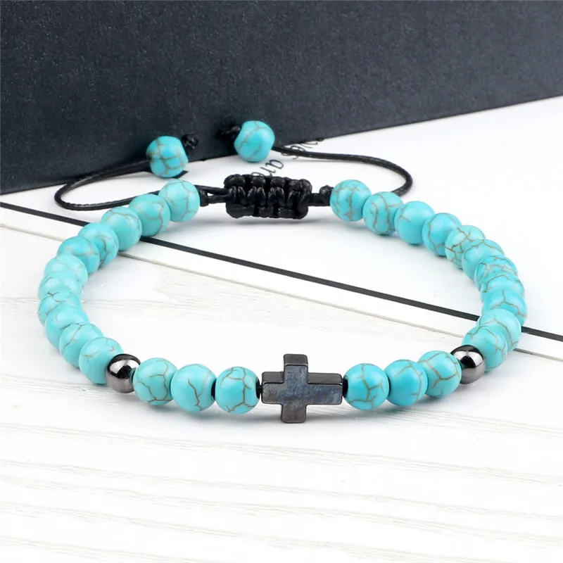 الحجر الطبيعي الخرز مضفر سوار للرجال والنساء ، Charm المسيحية ، يسوع الإسورة ، الإسورة ، الصداقة المجوهرات ، الإسورة ، الصليب ، 6 مللي متر