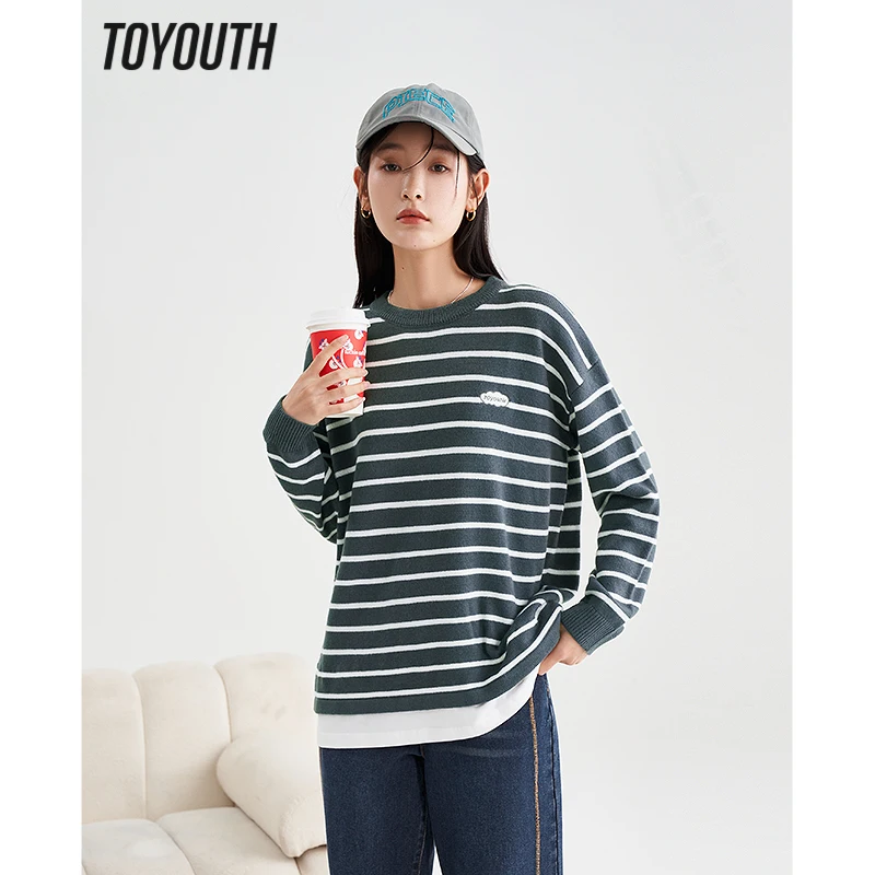 Toyouth Women Fake Two Piece Sweaters 2023 Spring Long Sleeves O Neck Loose Knit Cardigan Bicolor Stripe Comfort Chic Tops