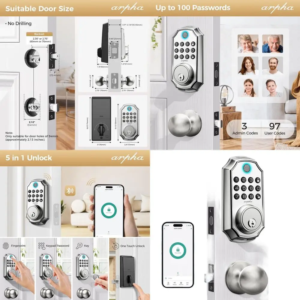 

Умный дверной замок с функцией распознавания отпечатков пальцев, вместимостью на 100 кодов, управлением через приложение, защитой от подглядывания, автоматической блокировкой, одноразовыми кодами, отделкой из сатинированного никеля.