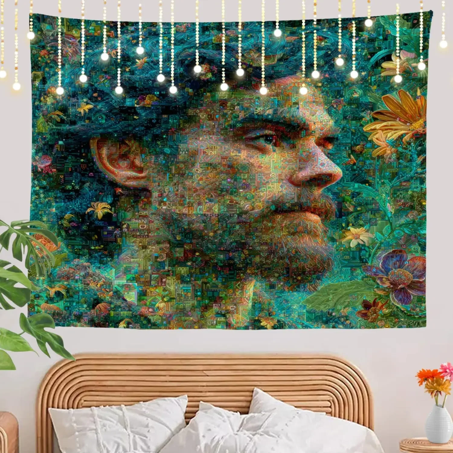 Aesthetic Boho Tapestry Man Portrait Psychedelic Floral Mural Wall Hanging Room Decor for Modern Bohemian Living Space Artwork