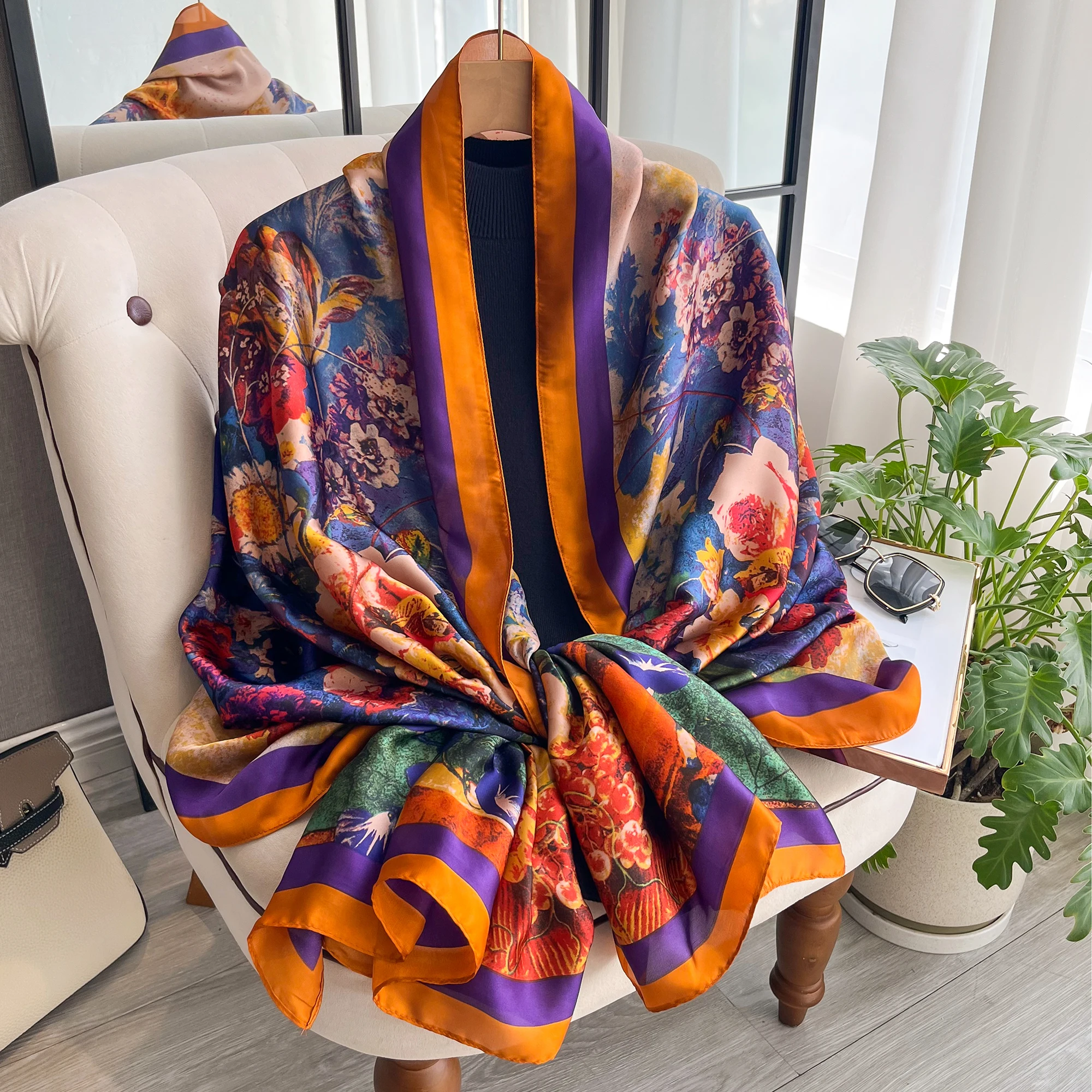 2024 Popular 180X90CM Print Bandannas Europe America Silk Scarves Four Seasons Satin Beach Towel Fashion Flower Long Shawls