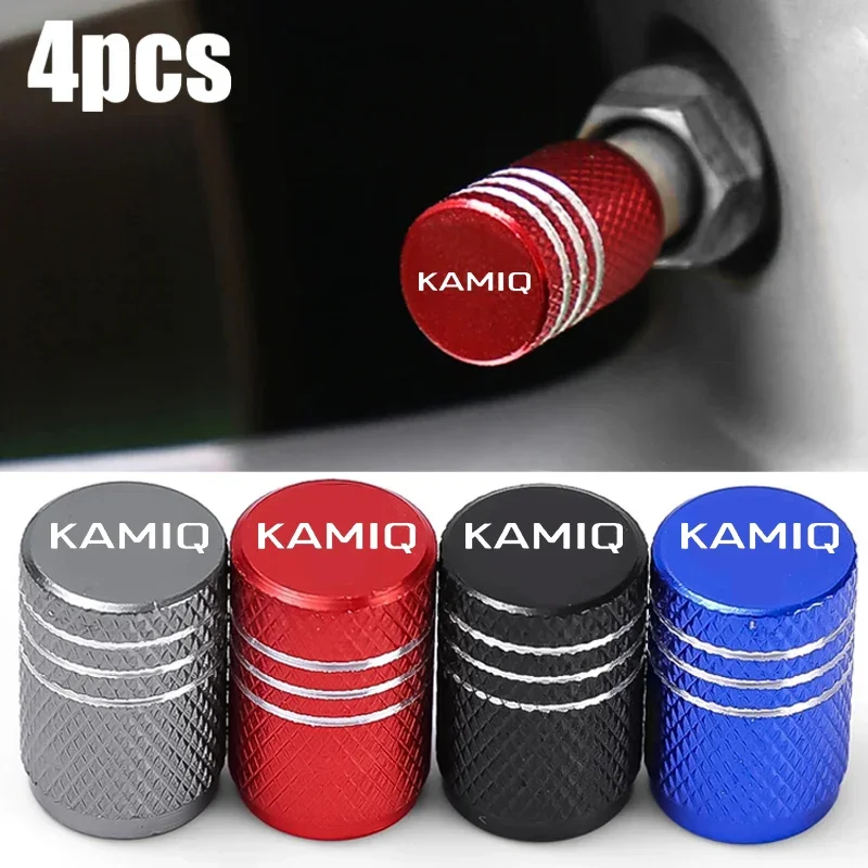 4Pcs Car Wheel Rim Tire Valve Stem Caps for Skoda KAMIQ Badge 2023 2022 2017 2015 Auto Metal Alloy Airtight Cover Accessories