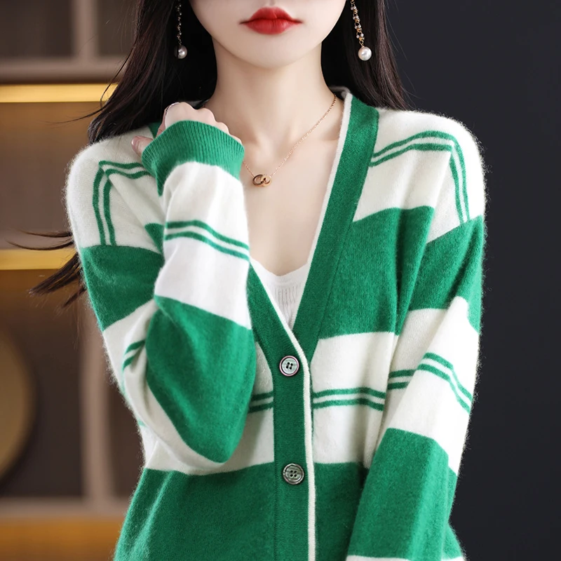 

Versatile fashion jacket for autumn and winter women's new V-neck color blocking knitted button sweater