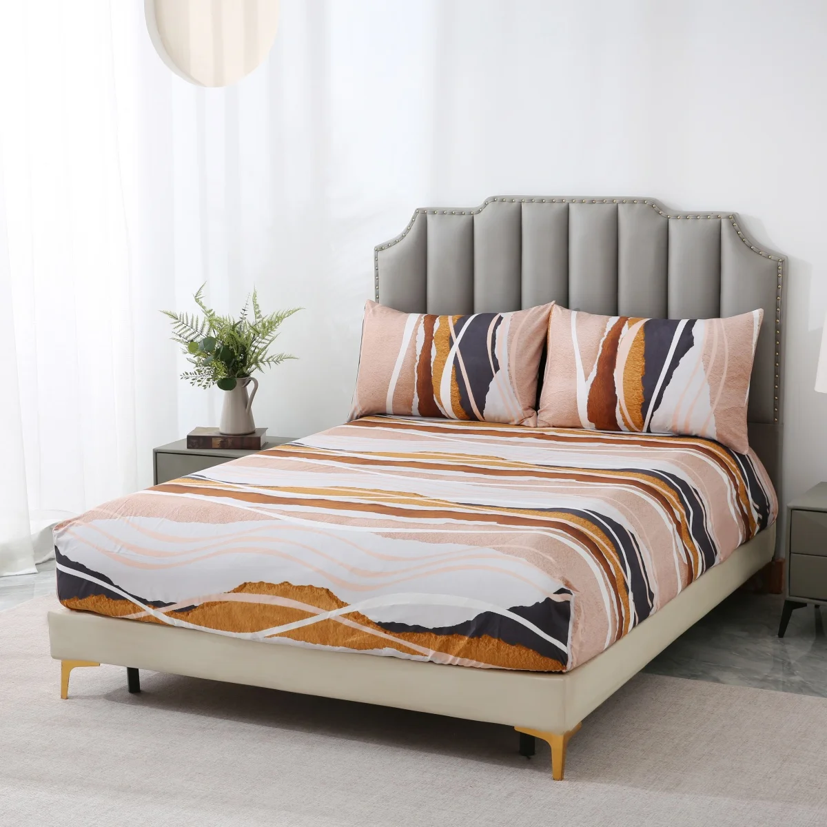 

Geometric Lines Queen Size Fitted Sheets, Striped Bed Sheets for Minimalist Women Men Adults, Modern Aesthetics Art Bed Cover