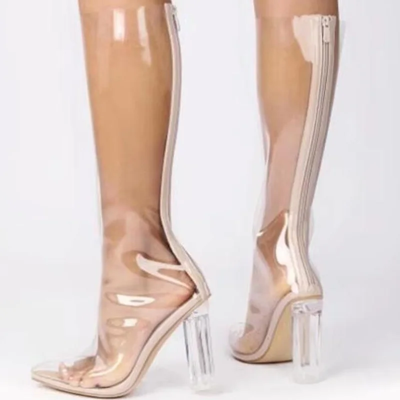 

Женские прозрачные сапоги до колена из ПВХ на массивном каблуке с молнией сзади и острым носком, сапоги до колена на прозрачном каблуке, размер 48, современные длинные сапоги