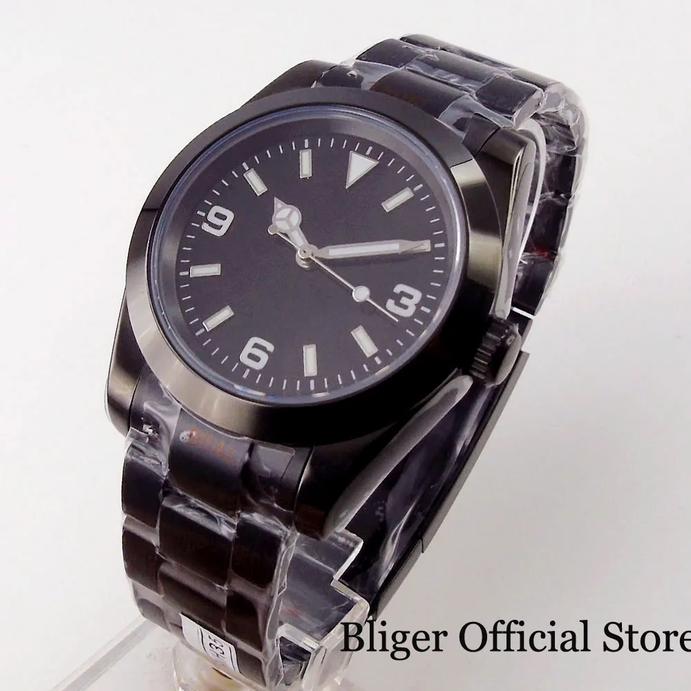 

BLIGER 36mm 39mm Black PVD Case Men Watch NH35A MIYOTA 8215 PT5000 Movement Flat Sapphire Crystal Green Luminous Hand