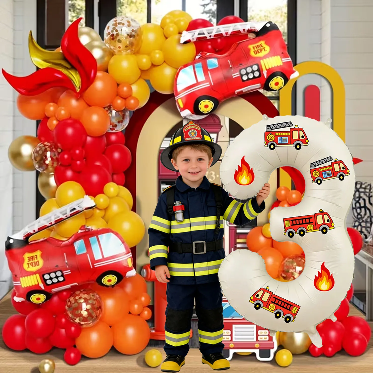 Fire Truck Themed Party Set, suitable for birthday party decorations, Valentine's Day, weddings, and baby gender reveal parties