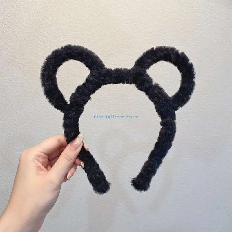 

652B Korean Women Winter Thick Plush Headband Round Mouse Bear Ears Hair Hoop Candy Color Makeup Metal Bandana Gifts