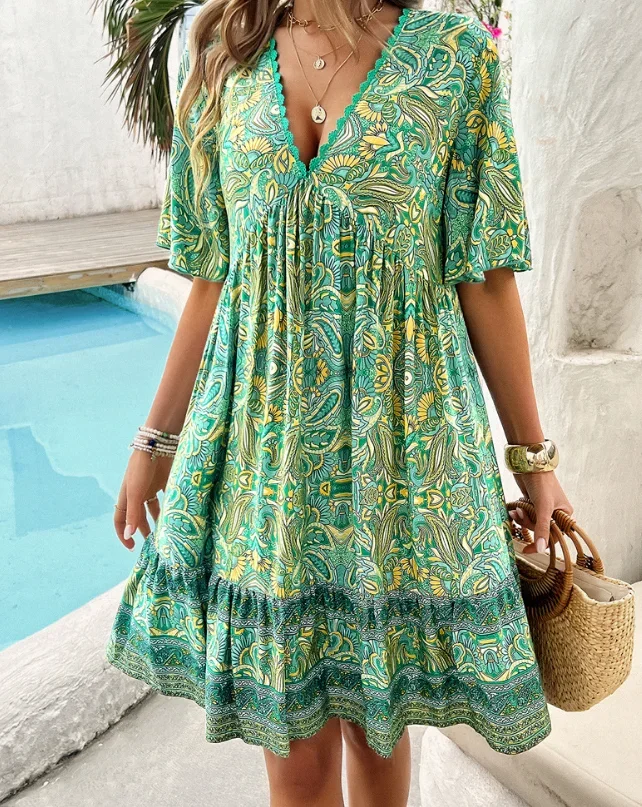 Vacation Dress Woman Casual Elegant Vintage Floral Print V-Neck Dress for Woman Elegant Casual A-Line Short Sleeved Y2K Dress