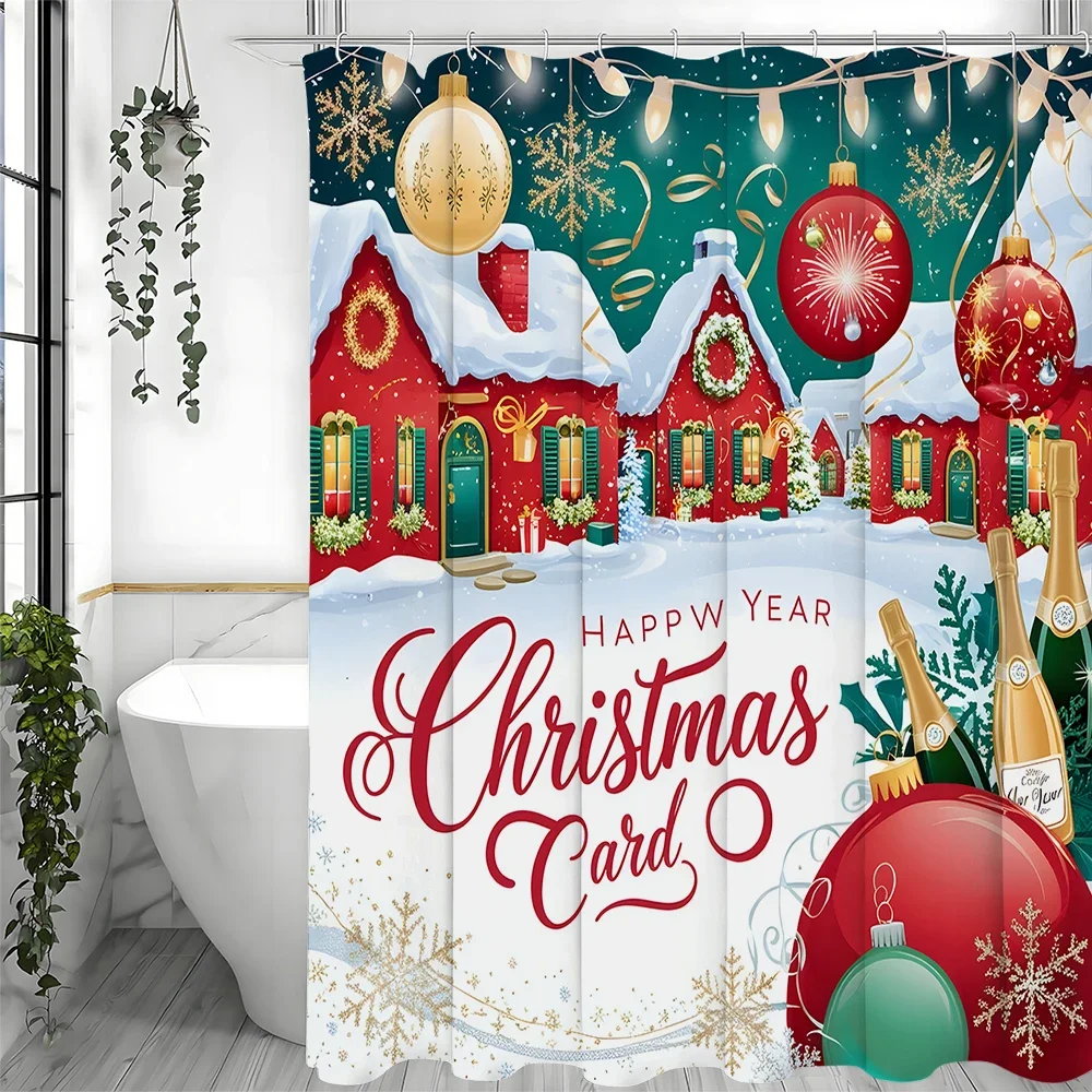 Christmas Red House Colorful Lights Shower Curtain, Bathroom Decorative Shower Curtain, Waterproof Shower Curtain