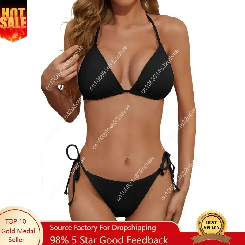 Women's Two Piece Bikini Swimsuit Sexy Ribbed Triangle Top Bathing Suits String Cheeky Bikini Sets