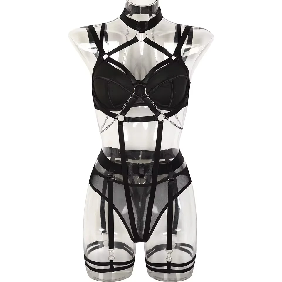 

Womens Sexy Erotic Role Play Chained 4 Piece Set Sensual Lace Up Alluring Charming Breathable Exquisite Lingerie Bra Set Set