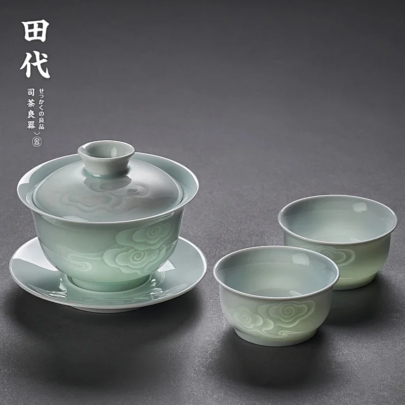 180ML celadon cover bowl, Chinese style pure hand-carved Kung Fu tea set, tea bowl, hand-held tea bowl 5
